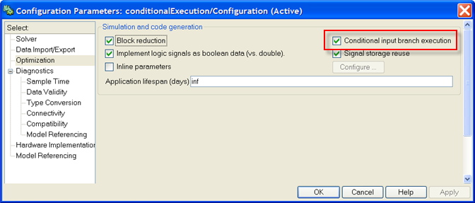 Simulation parameters dialog for configuring conditional input branch execution.