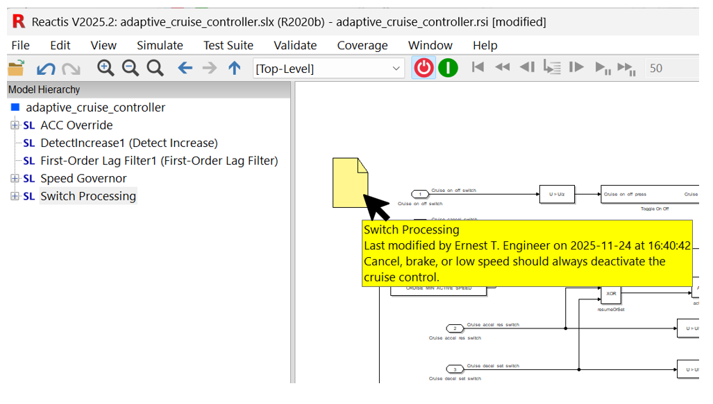 IMAGE: A Reactis comment represented by a yellow sticky-note like icon.  Hovering displays the contents of the comment.