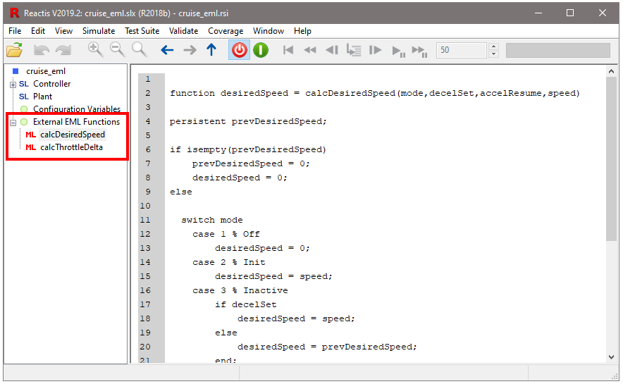 External Embedded MATLAB functions in Reactis