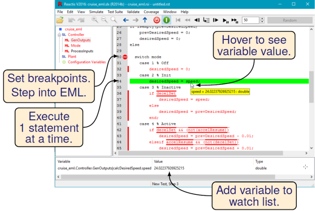 Debugging Embedded MATLAB (EML) code in Reactis