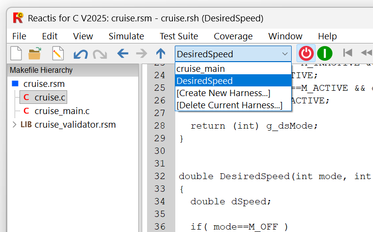 IMAGE: The top-level Reactis for C toolbar now includes a harness selector to switch between test harnesses.