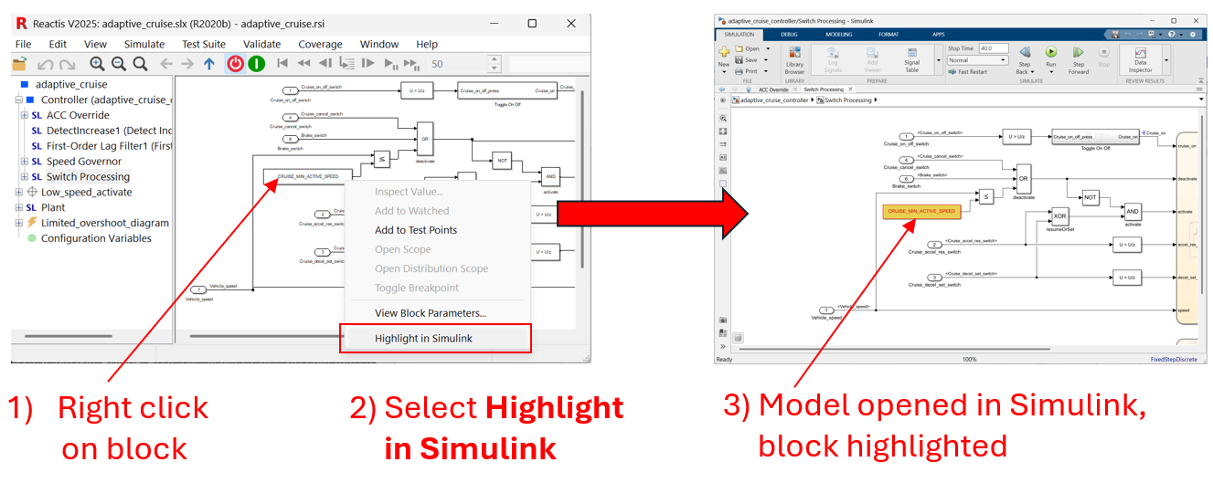 IMAGE: open model currently loaded in Reactis in Simulink and highlight block