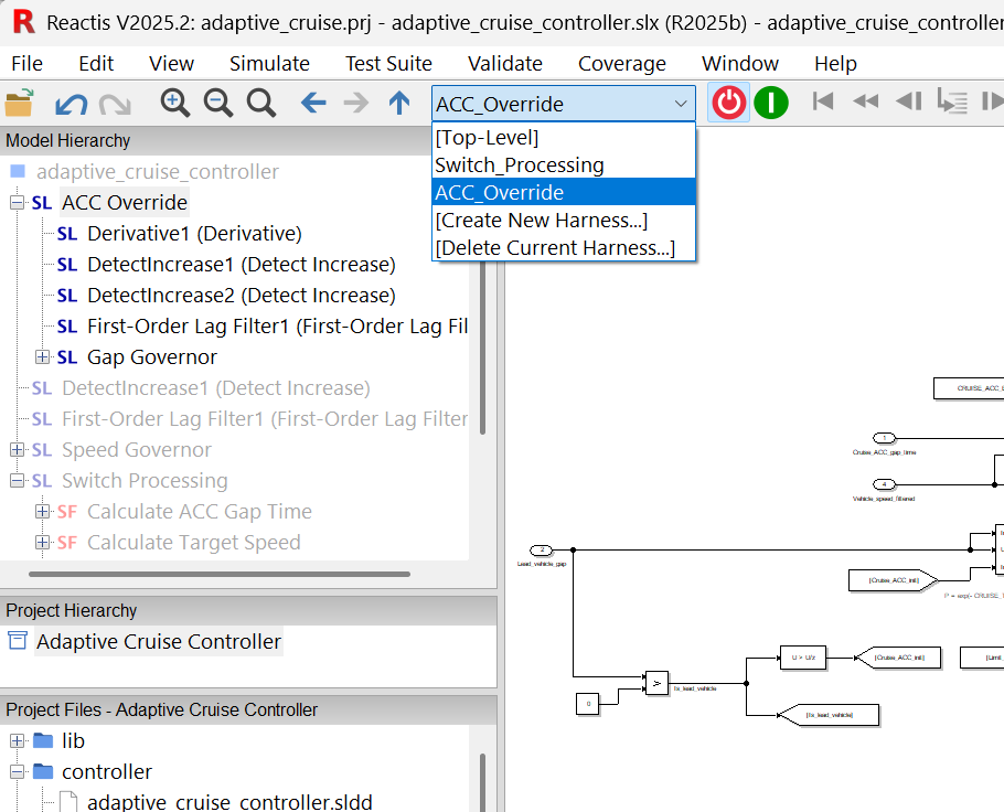 IMAGE: Top-level Reactis toolbar includes a harness selector.