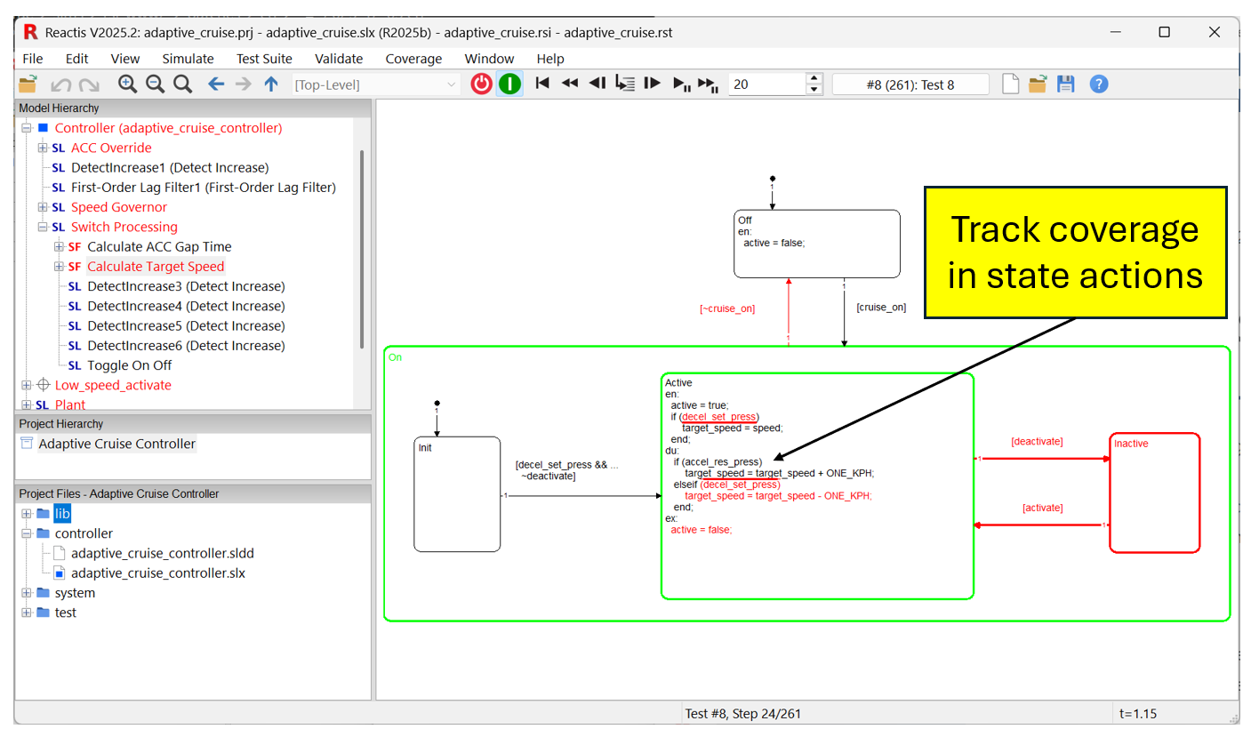 IMAGE: Reactis displaying a Stateflow diagram with highlighting of state action code to convey coverage.